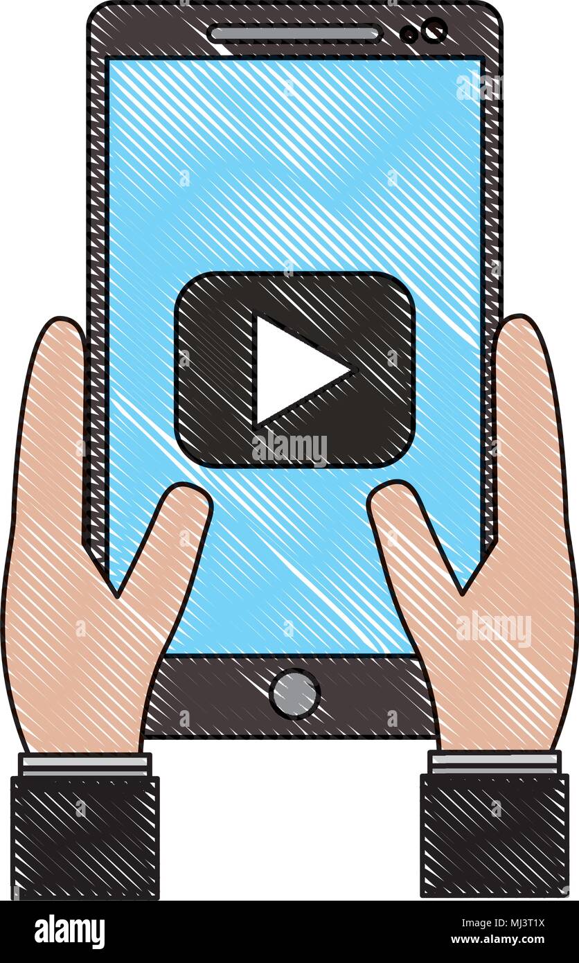 hand holds smartphone with video player button vector illustration ...