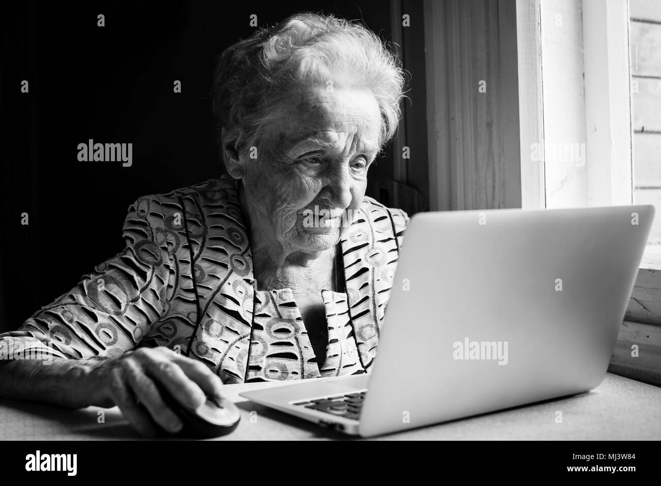 An elderly woman working on a laptop, black and white photo. Stock Photo