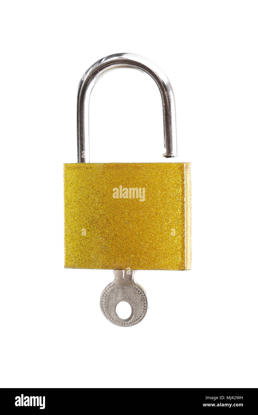 Unlocked padlock with key on white background. Stock Photo