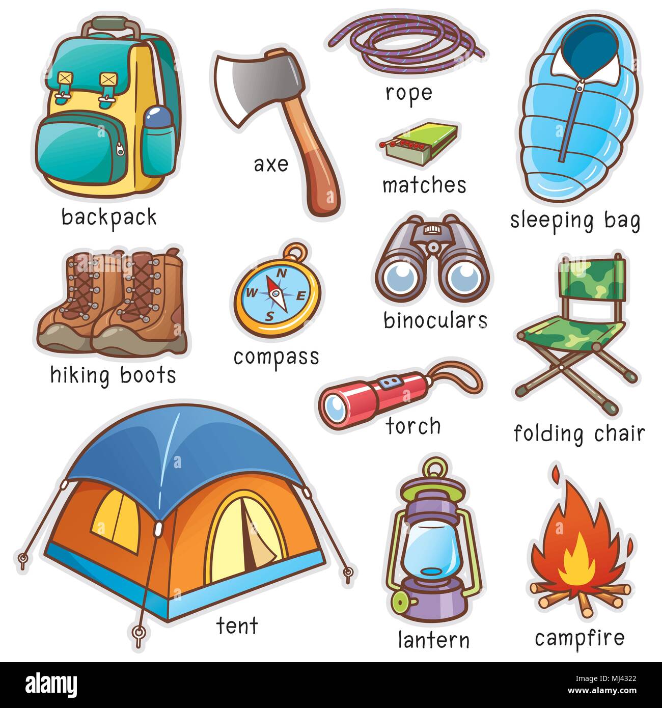 Vector illustration of Cartoon Camping equipment vocabulary Stock