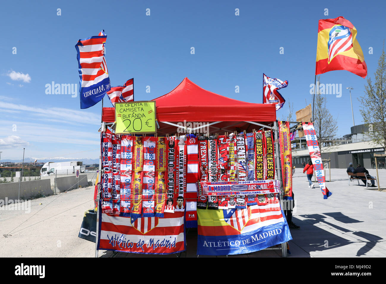 May 3, 2018 - Madrid, Spain - Stall sells flags and scarves nearby the  stadium ahead of the UEFA Europa League, semi final, 2nd leg football match  between Atletico de Madrid and