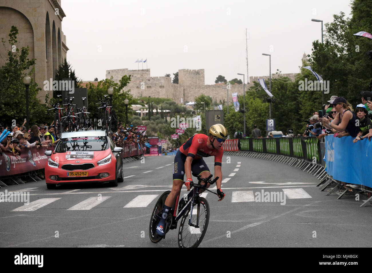 Jerusalem, Israel, 04 May 2018. Cyclist Novak Domen from Slovenia and Bahrain–Merida Pro Cycling Team sprints during  the 101st Giro d'Italia, Tour of Italy in the 1st stage which is 9,7 kilometers individual time-trial. The race's 'Big Start', beginning today, marks the first time any of cycling's three major races -- the Giro, Tour de France and Vuelta a Espana -- will begin outside of Europe. Credit: Eddie Gerald/Alamy Live News Stock Photo