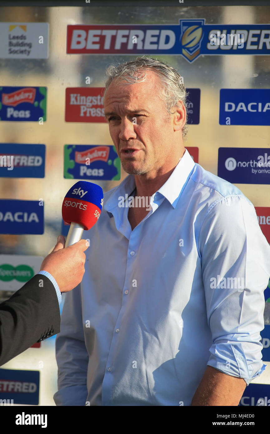 Leeds, UK. 4th May 2018, Emerald Headingley Stadium, Leeds, England; Betfred Super League rugby, Leeds Rhinos v Warrington Wolves; Brian McDermott coach of Leeds Rhinos looking relaxed in a pre match interview Credit: News Images /Alamy Live News Stock Photo