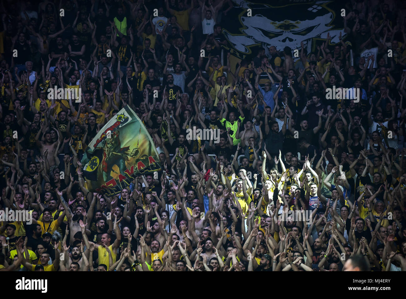 04 May 2018, Greece, Athens: Basketball, champions league, final four, semi- final. AEK Athen vs UCAM Murcia. AEK fans in the stands. Photo: Angelos  Tzortzinis/dpa Stock Photo - Alamy