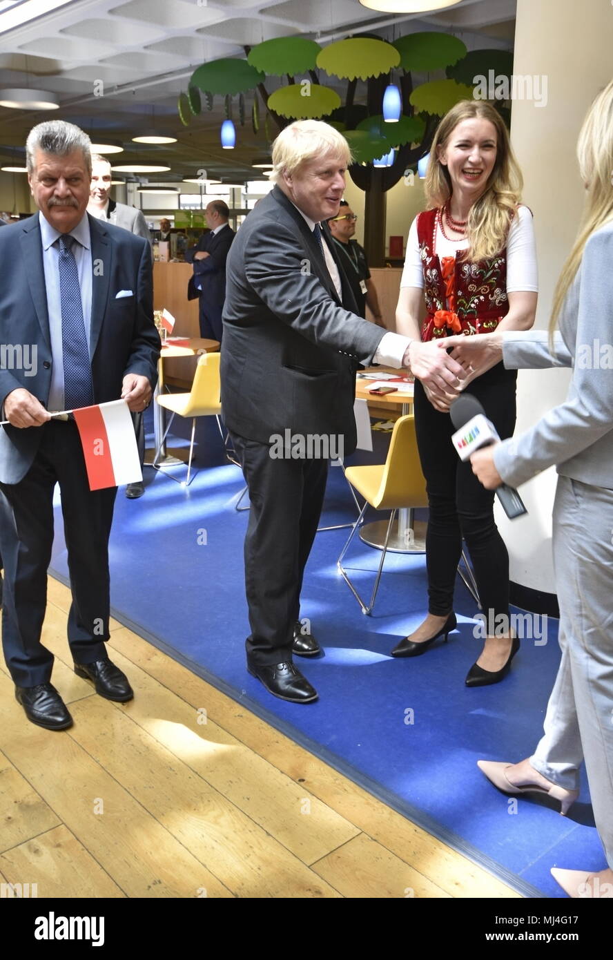 London, UK. 4th May 2018. Celebrations of the Polish Heritage Festival in  Uxbridge Library. Ambassador Arkady Rzegocki and Boris Johnson a celebration of Polish culture and exhibition about 303 Squadron  a dedicated Polish festival on the centenary of Poland regaining independence. Credit: Marcin Libera Credit: Marcin Libera/Alamy Live News Stock Photo