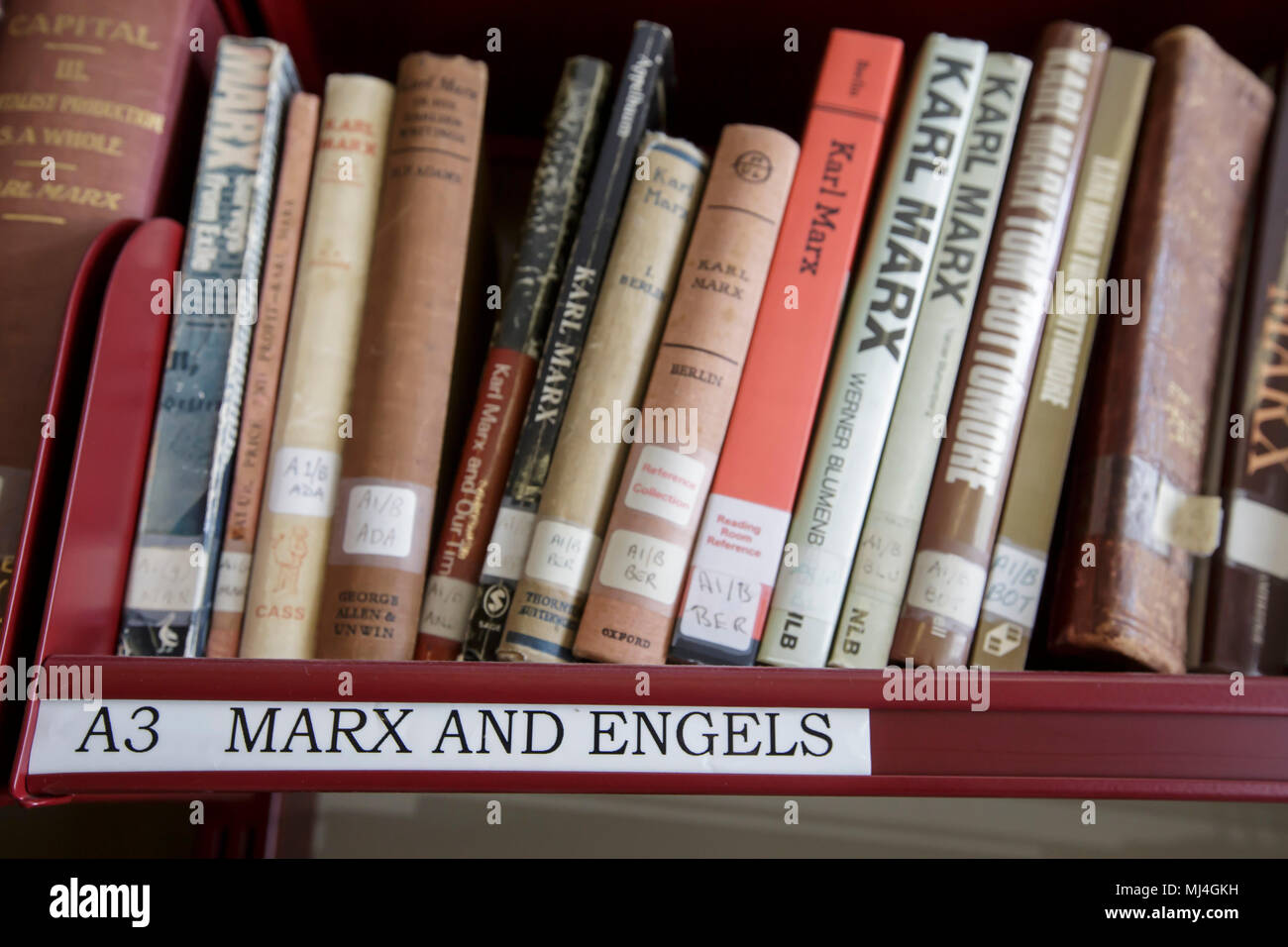 London, UK. 4th May, 2018. Photo taken on May 4, 2018 shows books on the shelf in the reading room of the Marx Memorial Library and Workers' School in London, Britain. Established in 1933 on the 50th anniversary of the death of Marx, the Marx Memorial Library and Workers' School has been the intellectual home of generations of scholars interested in studying Marxism, trade unionism, and the working class movement. Credit: Tim Ireland/Xinhua/Alamy Live News Stock Photo