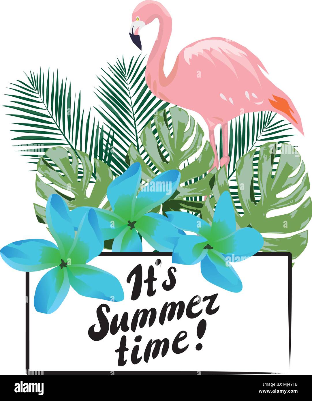 vector illustration of summer time with flamingo, tropical leaves Stock ...