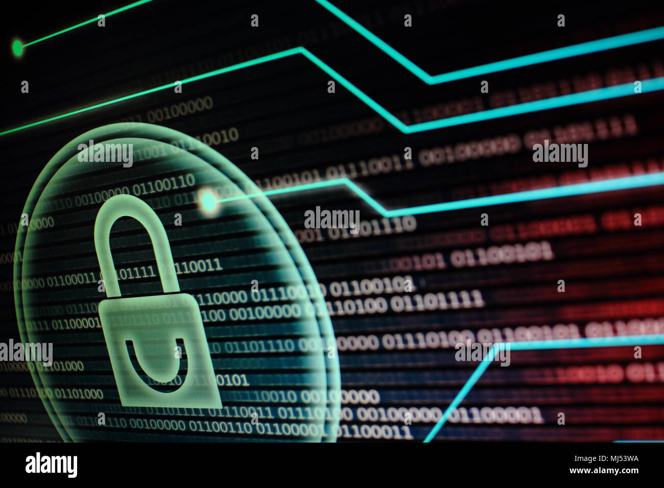 computer monitor screen displaying padlock symbol in a circular light ...
