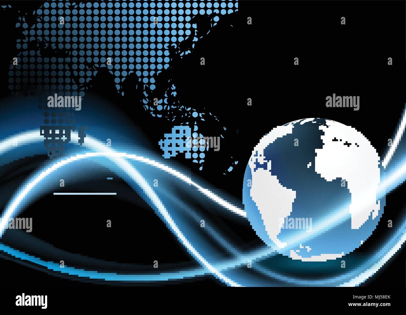 Technology background with neon waves and globe. Vector dark design Stock Vector