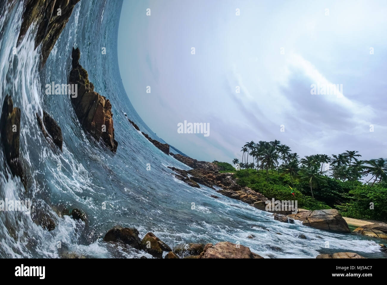 Example of incorrct work of rolling shutter in photo camera. Distortion of ocean photo. Curved