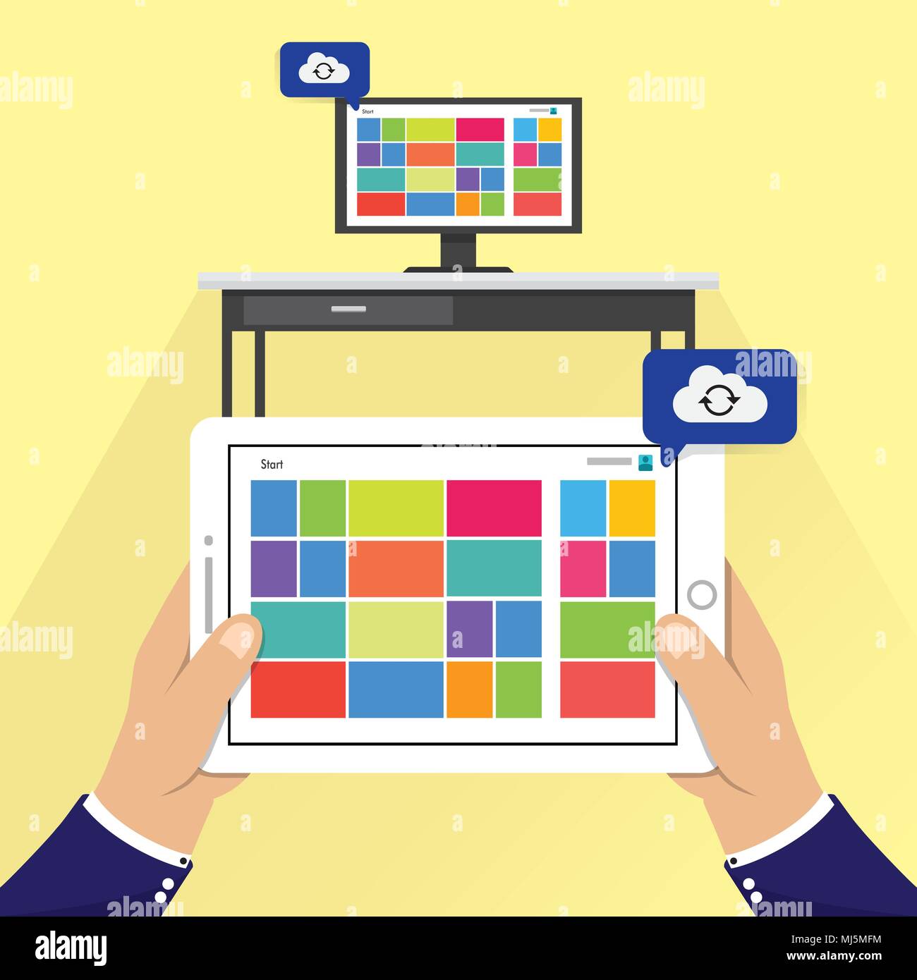 hand holding phone with cloud computing data process on screen, flat style vector illustration Stock Vector