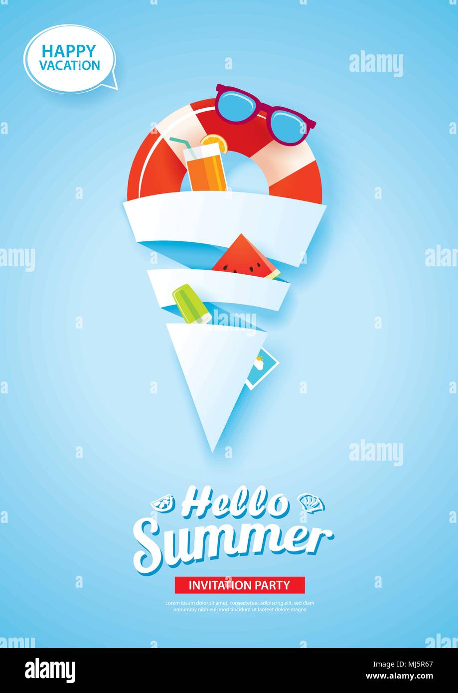 Hello summer card banner with ice cream cone shape paper art on blue background. Use for poster, flyer, advertising, brochure, invitation, flyer. Stock Vector