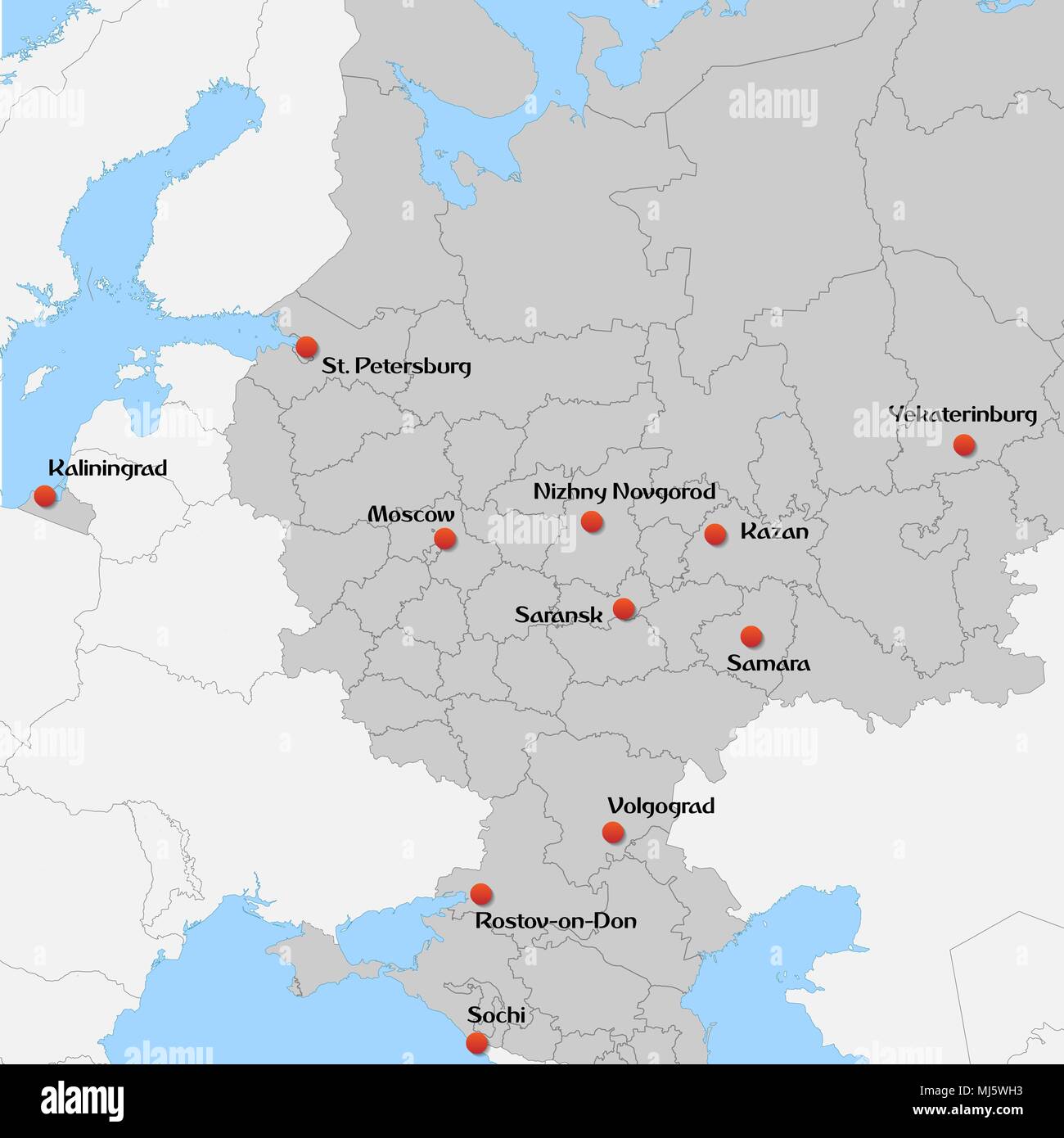 Map of european Russia with world cup host cities Stock Vector Image
