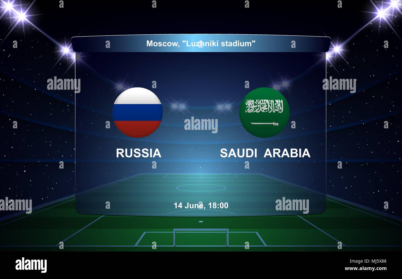 Russia vs Saudi Arabia. football scoreboard broadcast graphic soccer template Stock Vector