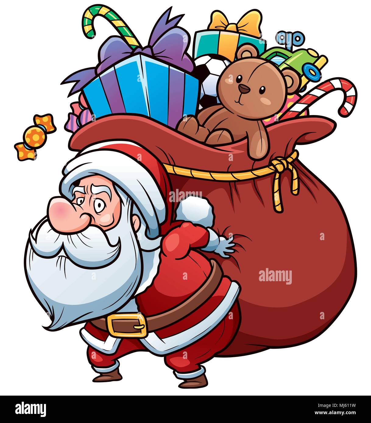 Vector Illustration of Cartoon Santa Claus holding big gift bag Stock ...