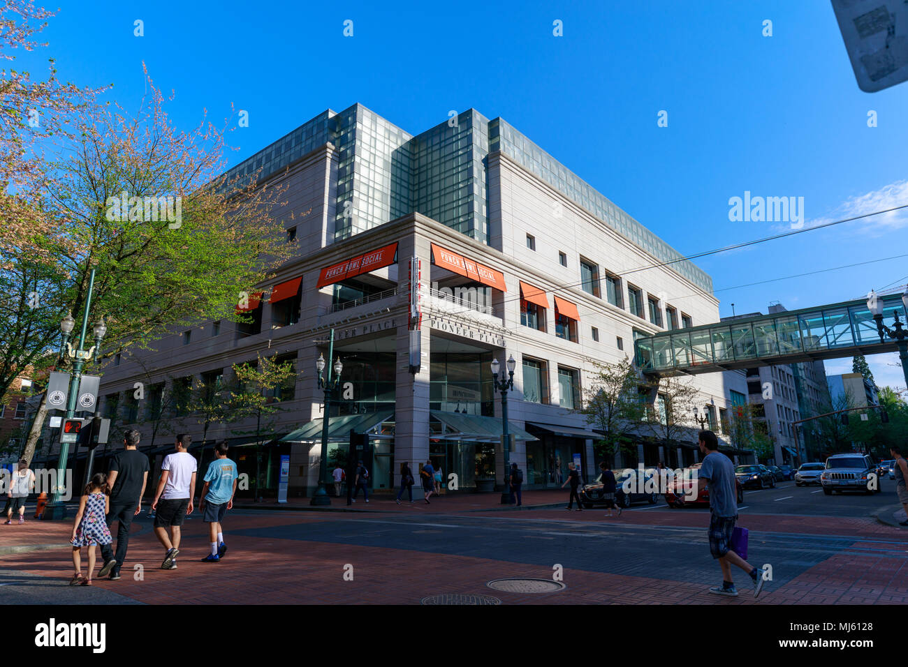 Portland, Oregon, USA April 27, 2018 The view of Pioneer Place, shopping mall, in downtown