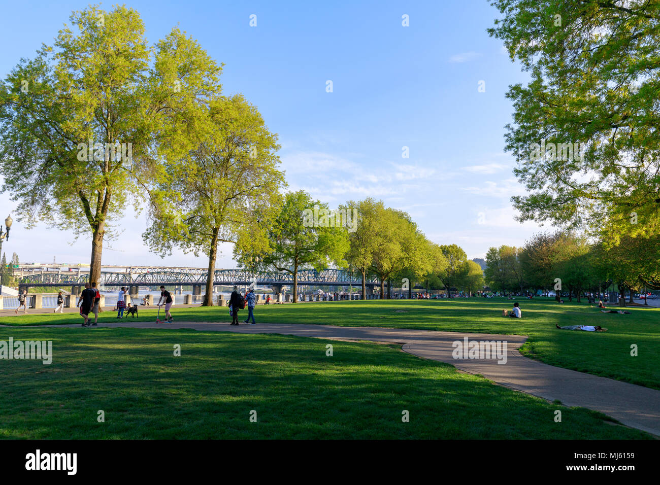 Portland, Oregon, USA - April 27, 2018 : Scenery of Tom McCall Waterfront Park in downtown Portland Stock Photo