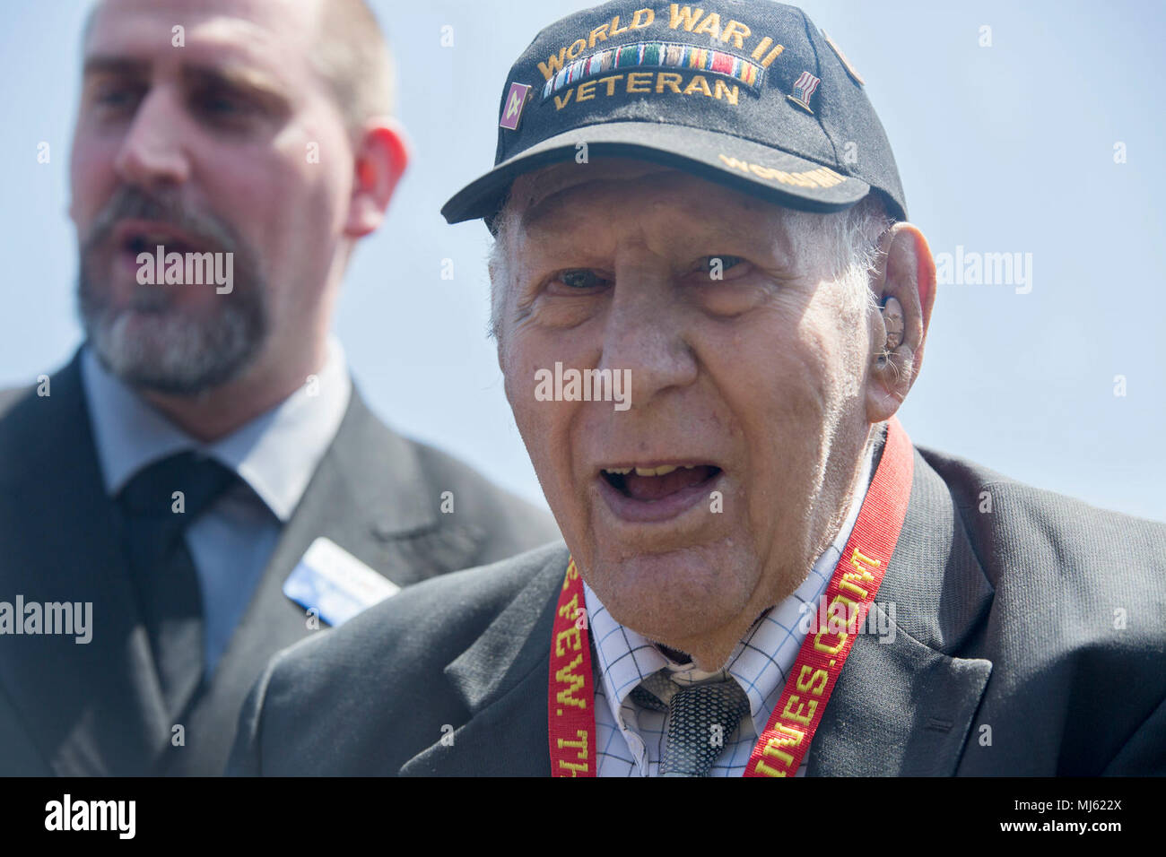 Iwo Jima veteran, Retired Marine Gunnery Sgt. Keith Renstrom, right, attends the 73rd Reunion of Honor at Iwo To, Japan, March 24, 2018. Iwo Jima veterans, families, Marines, Japanese troops and officials attended the ceremony commemorating the lives of those lost in one of the most iconic battles of World War II. (U.S. Marine Corps Image collection celebrating the bravery dedication commitment and sacrifice of U.S. Armed Forces and civilian personnel. Stock Photo