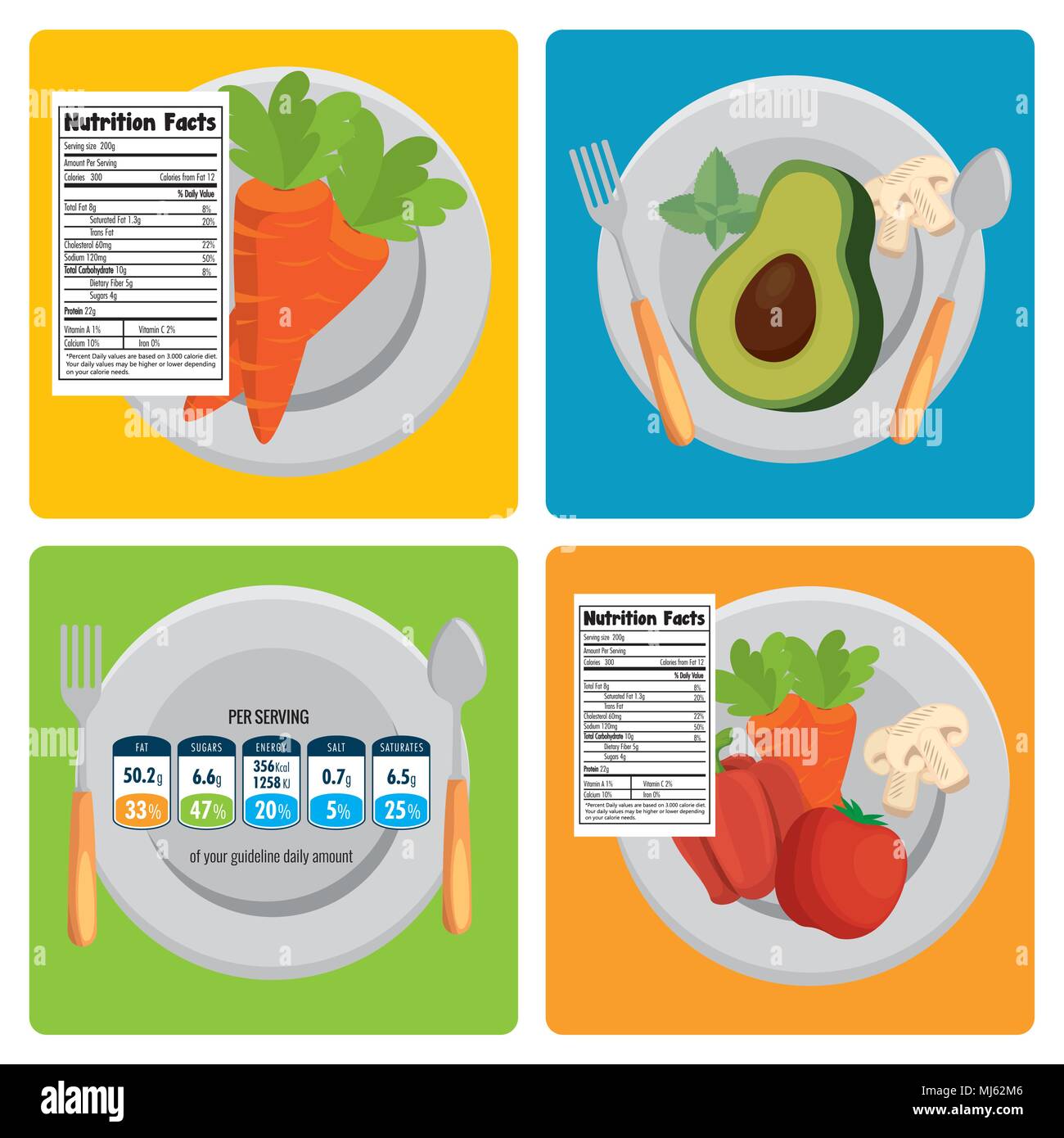 fruits and vegetables group with nutrition facts Stock Vector Image