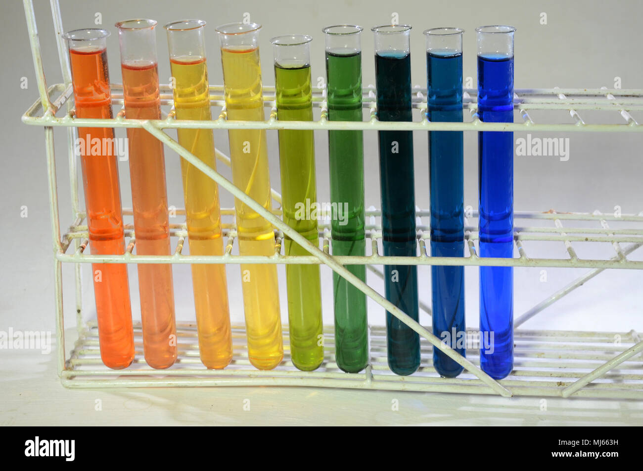 Different states of Bromothymol blue, from left red for strong acid