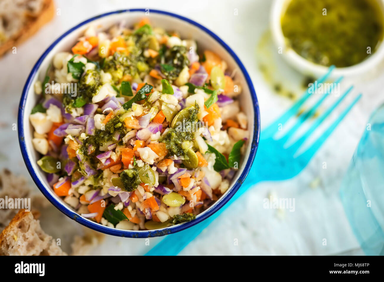 Crunchy cauli couscous. Diced cauliflower, carrot, red cabbage salad