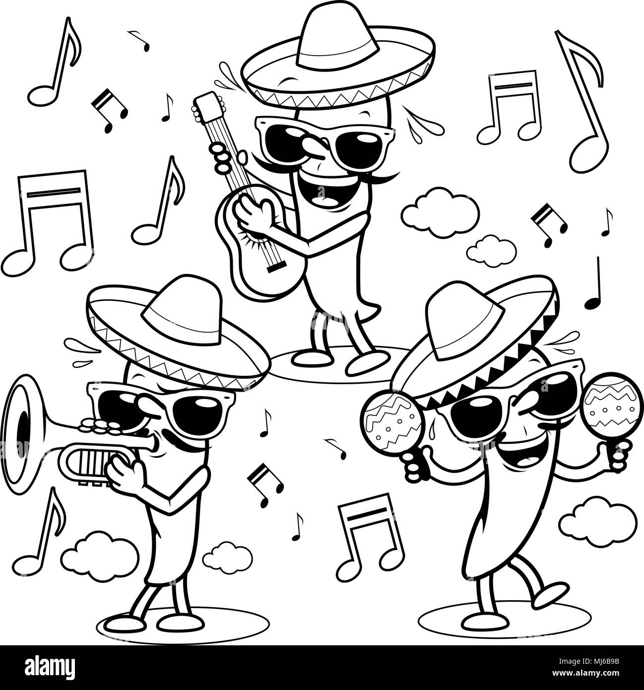 Cartoon mariachi peppers wearing sombreros and playing music. Black and white coloring page illustration Stock Vector