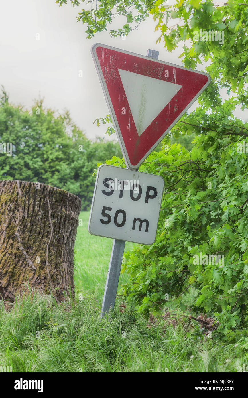 A red triangular stop sign in the middle of a field. This road sign is
