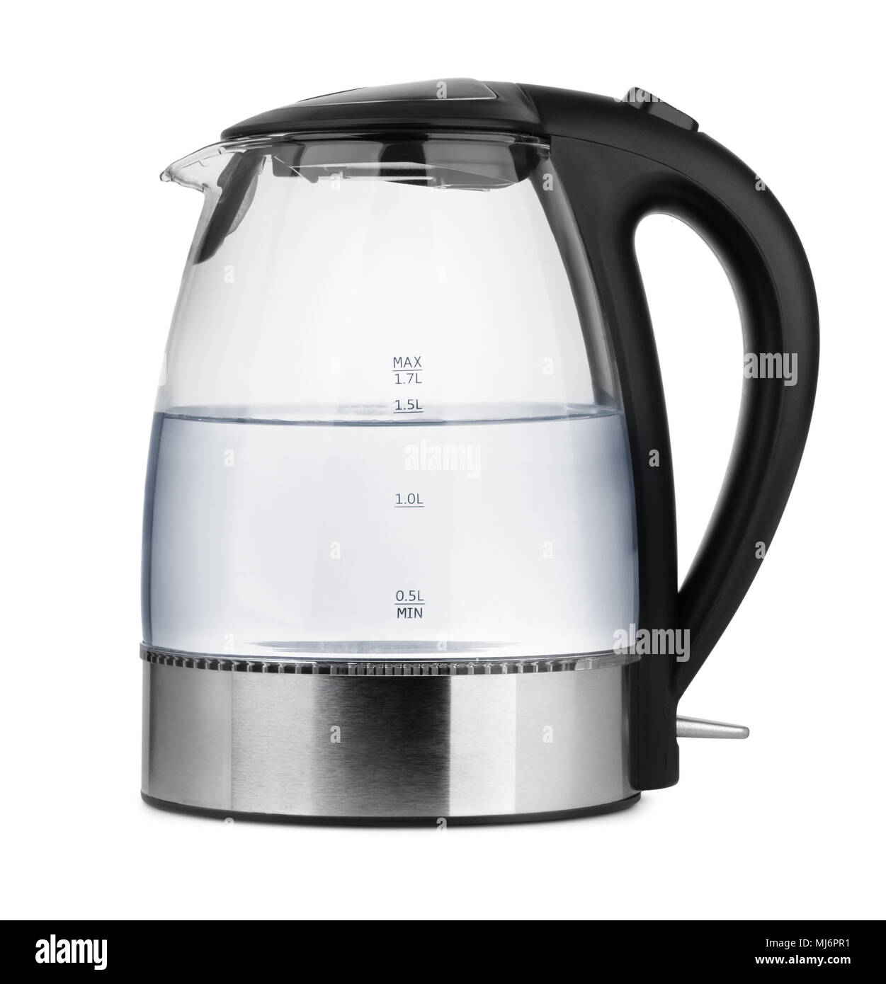 Side view of glass electric kettle with  water isolated on white Stock Photo