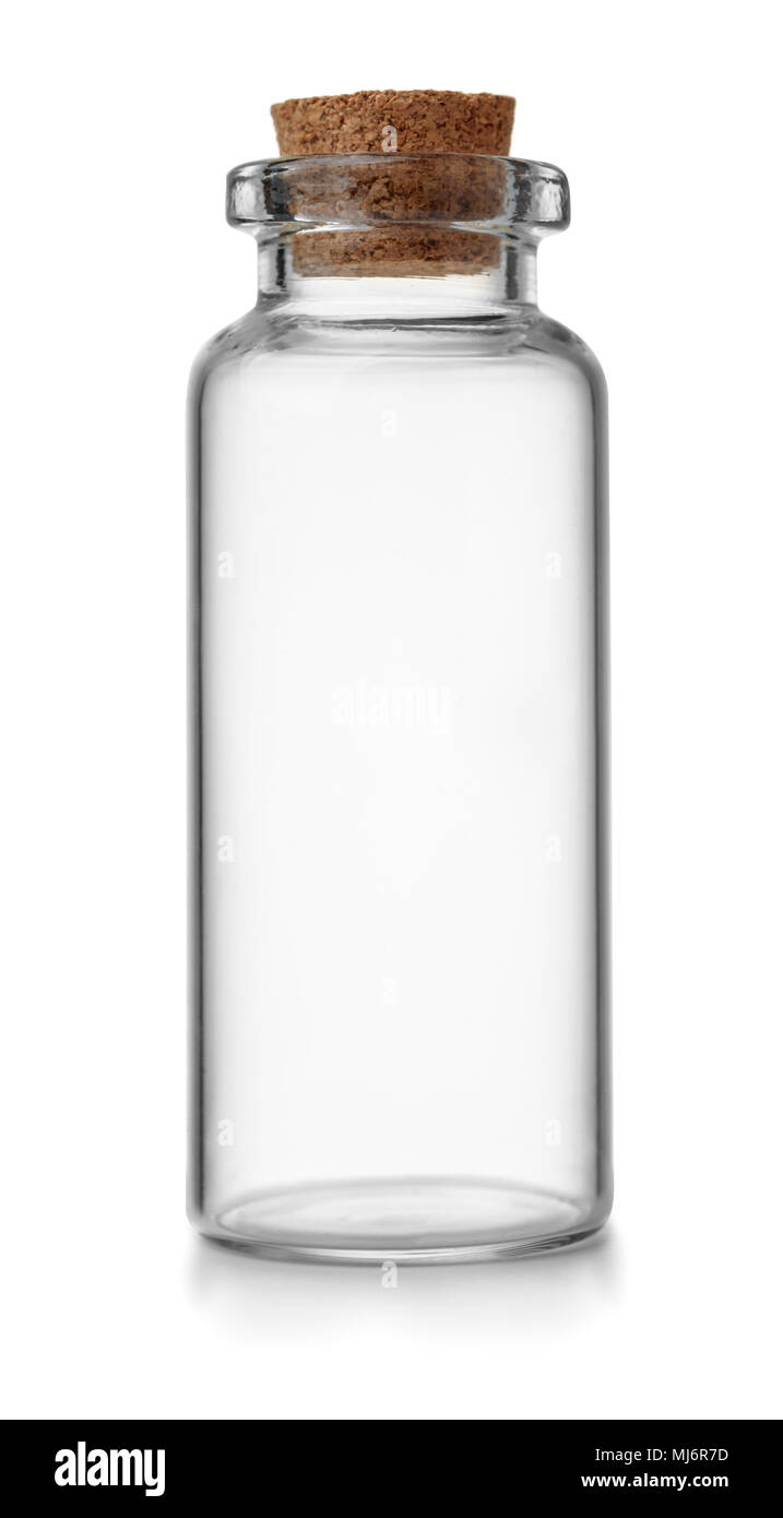 Front view of small empty glass vial with cork isolated on white Stock Photo