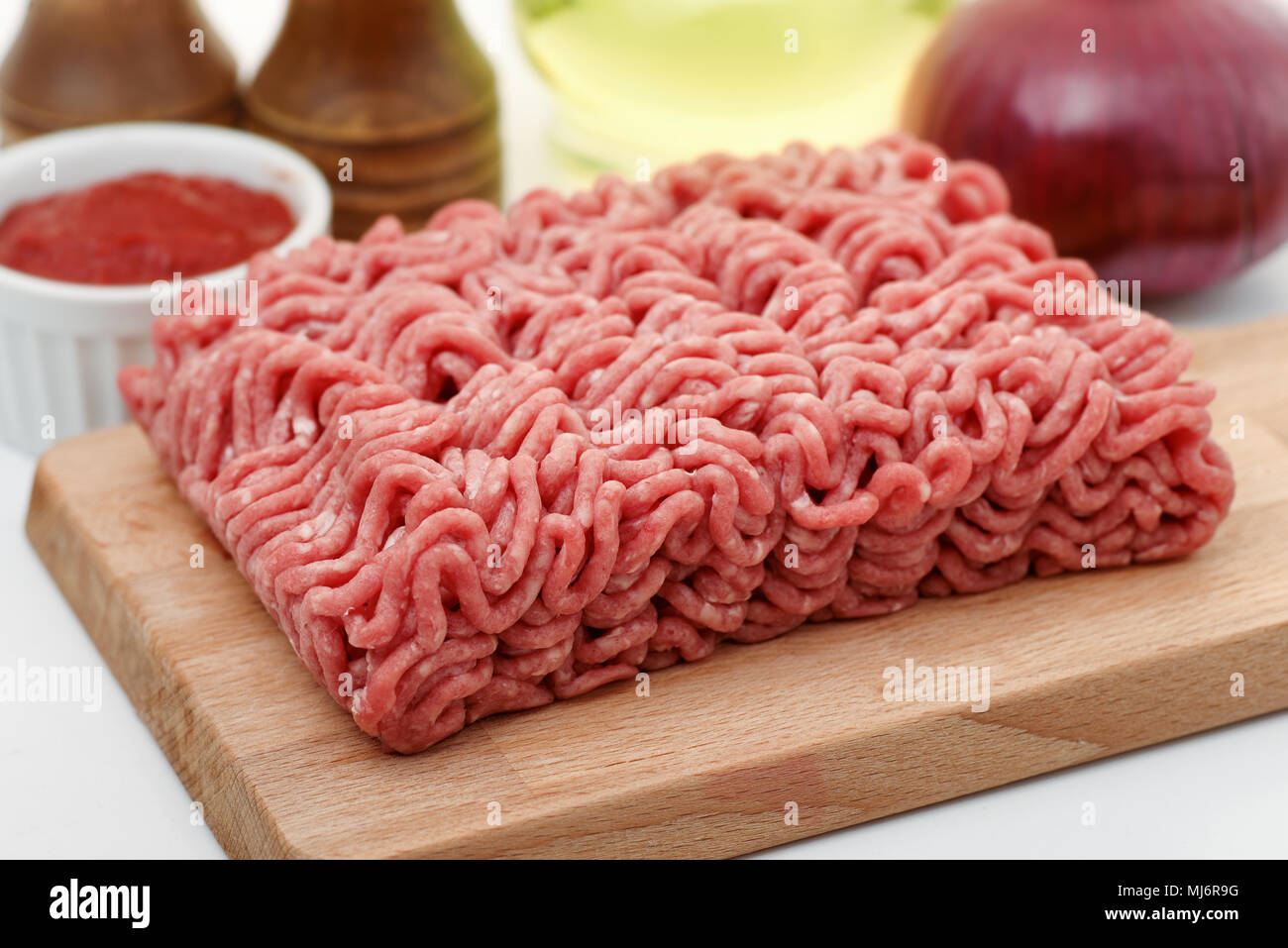 Close up of minced beef with spices and condiment Stock Photo Alamy