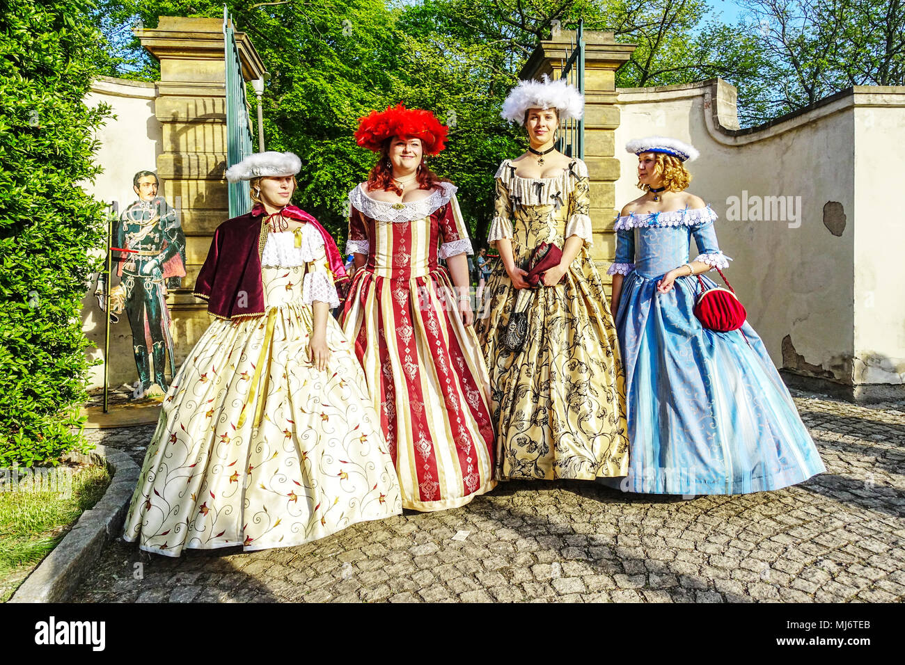 Baroque fashion, Four Ladies dressed in baroque period clothes, Czech Republic Stock Photo