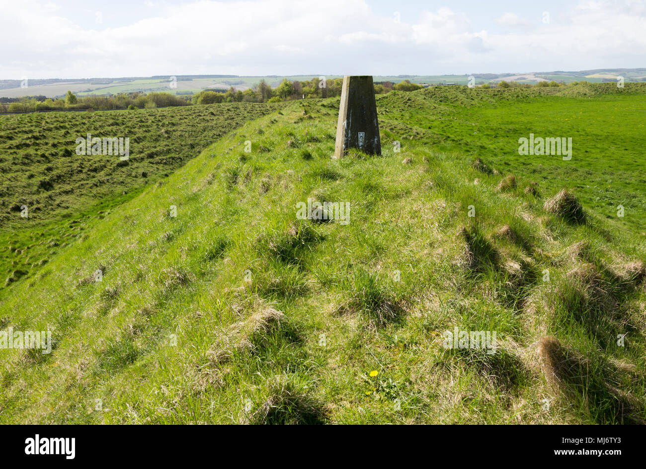 Defensive ramparts and ditch Yarnbury Castle, Iron Age hill fort, Wiltshire, England, UK Stock Photo