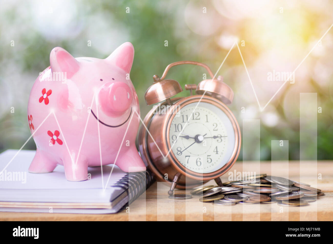 pink of piggy bank and pile of coins, concept in growth, save and ...