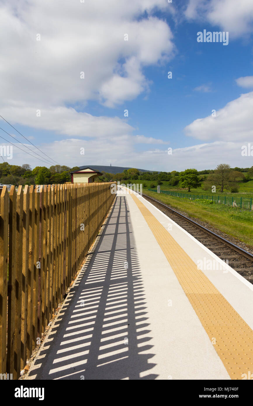 Burrs Country Park station on the East Lancashire Railway. This new railway station has been built to serve the Burrs Country Park and caravan site. Stock Photo
