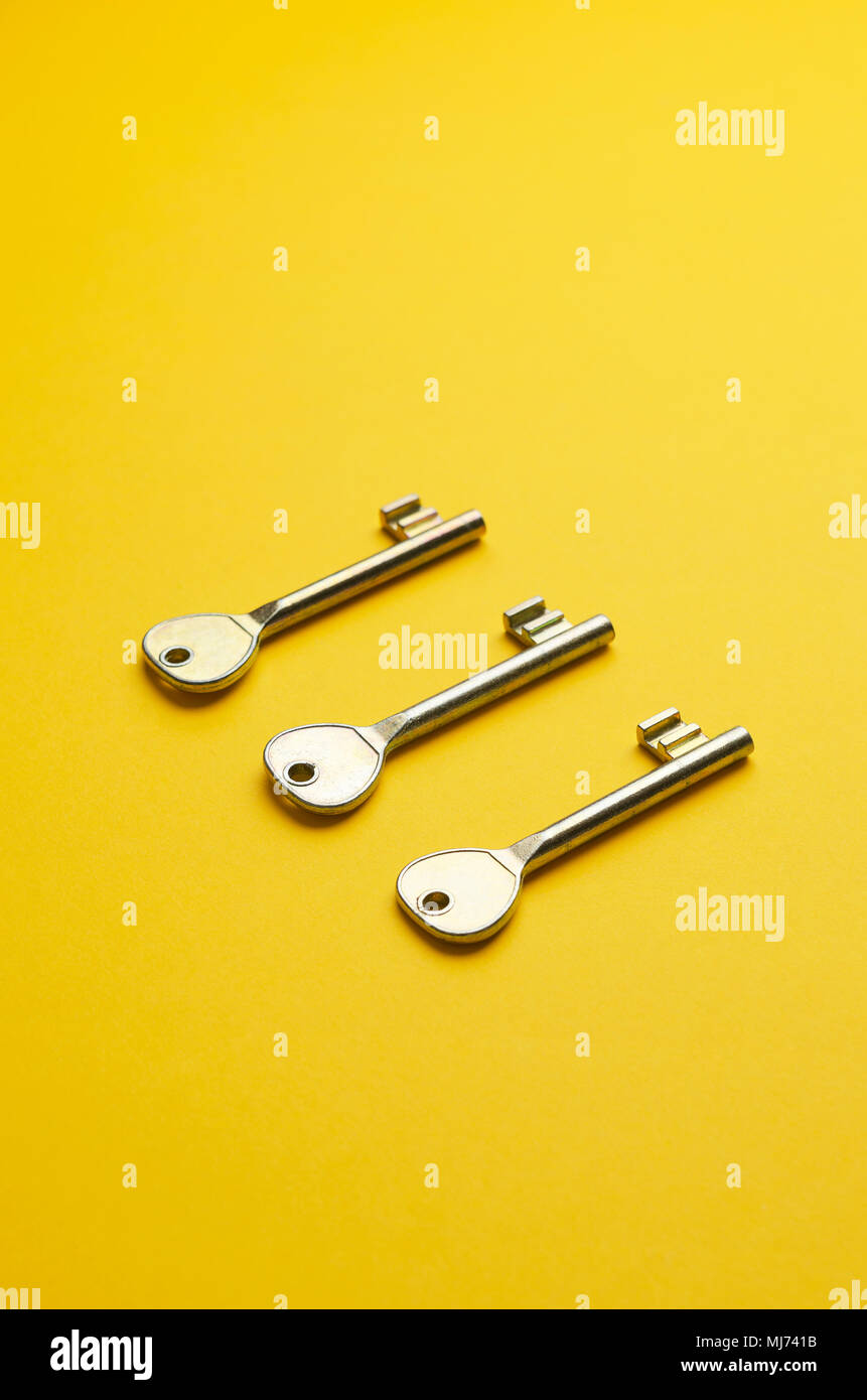 Simple door keys organized in a row over bright yellow background Stock