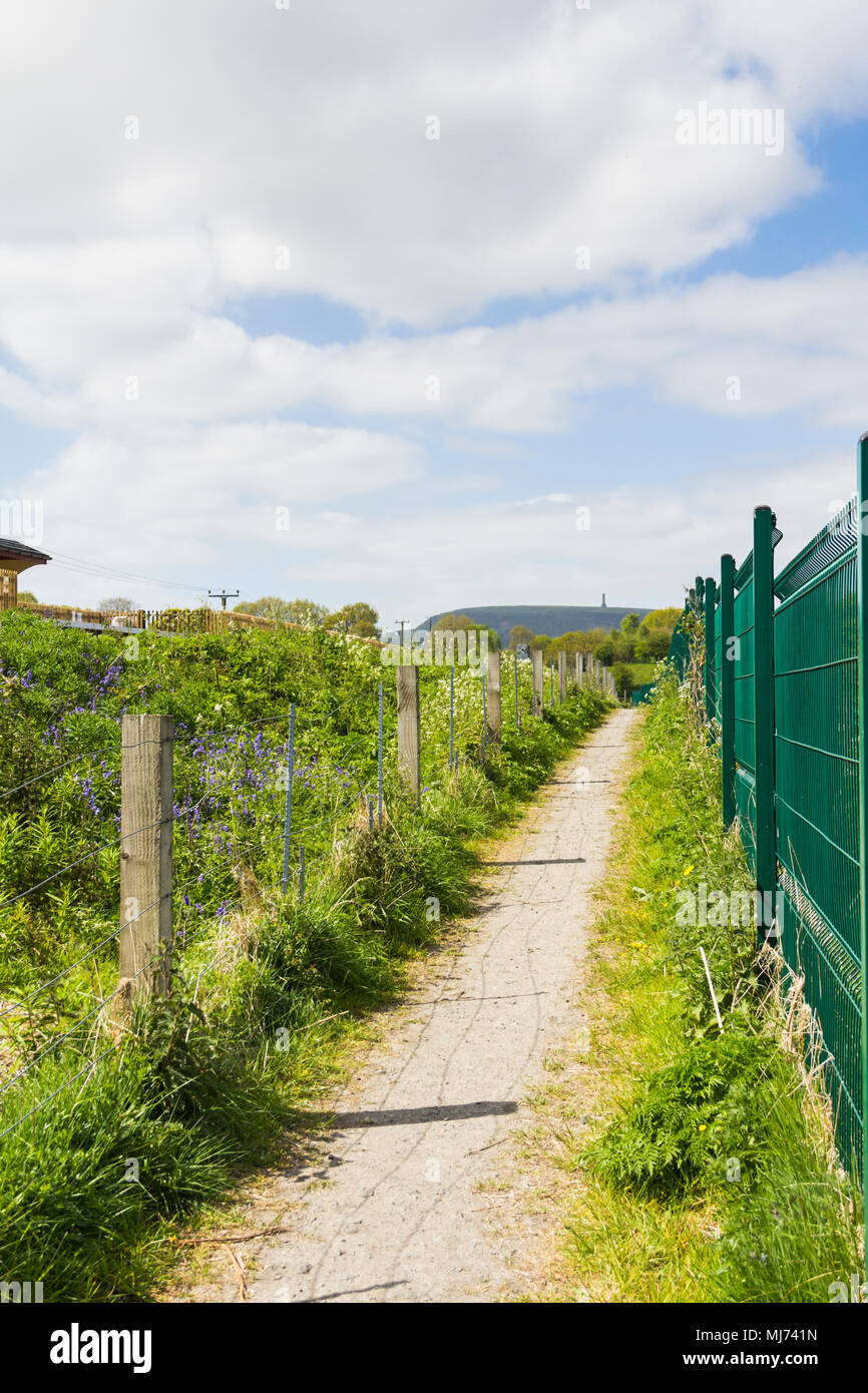 Well maintained footpath next to the East Lancashire Railway line near Burrs Country Park,  part of the 33 mile long Irwell Sculpture Trail, Bury Stock Photo