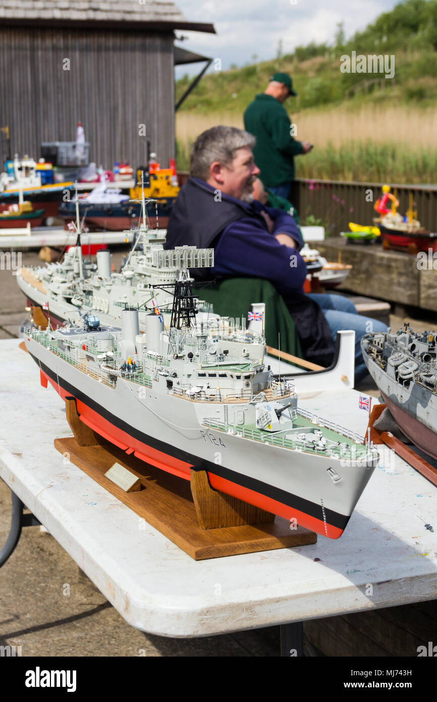 Tribal class frigate 'HMS Zulu' is one of several model ships belonging to members of the Ribble Model Boat Club, at their regatta at Brockholes. Stock Photo