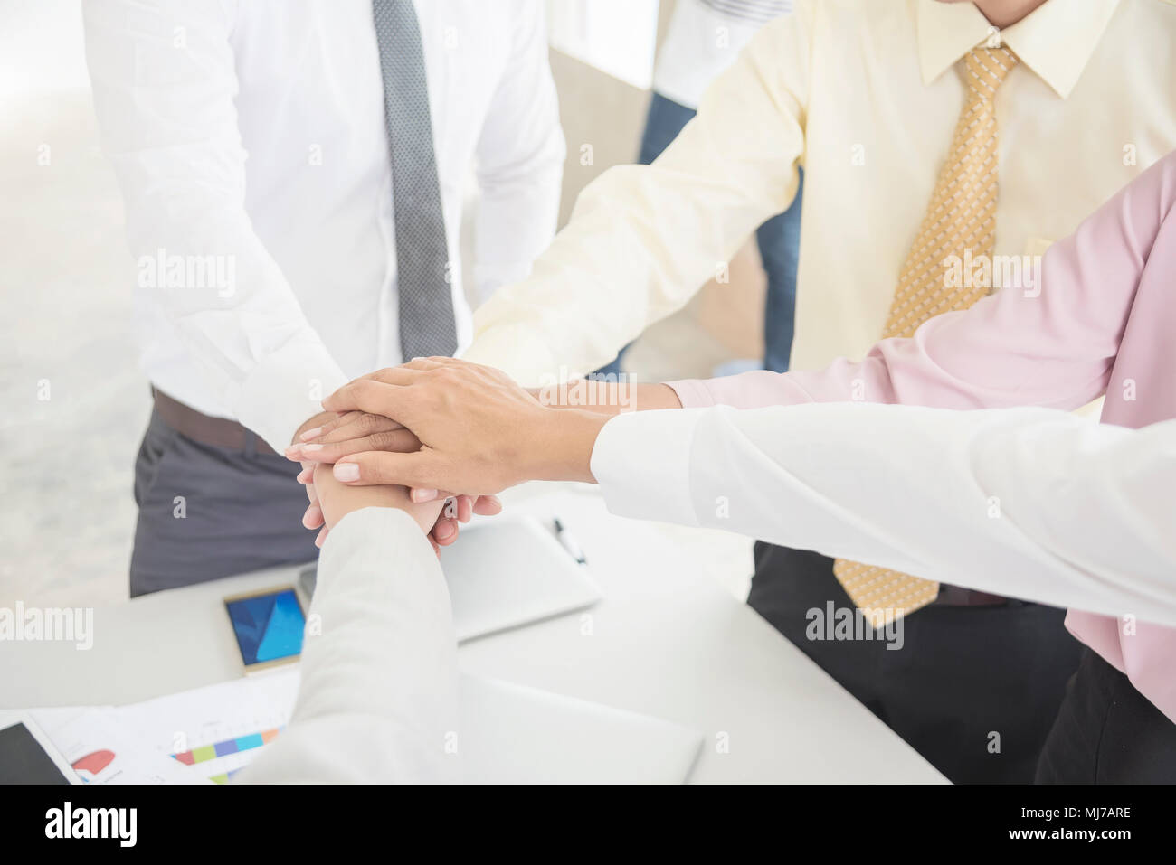 Business teamwork concept. Business people joining hands team spirit in workplace. Power to success. Picture for add text message. Backdrop for design Stock Photo