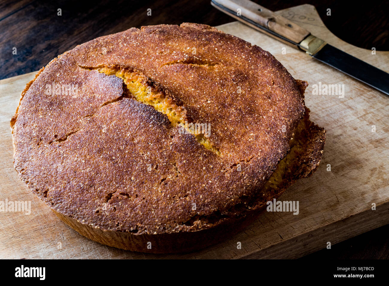 Turkish Cornbread / Misir Ekmegi on wooden surface (organic food) Stock Photo