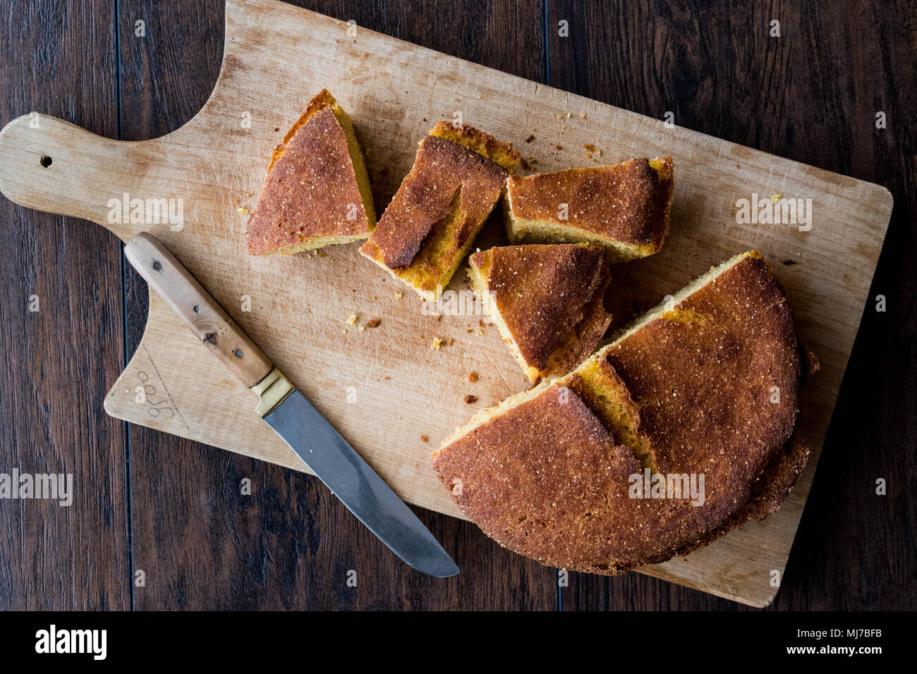 Turkish Cornbread / Misir Ekmegi on wooden surface (organic food) Stock Photo