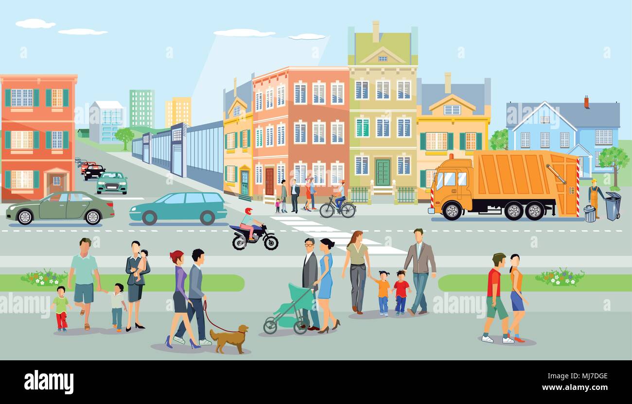 City with pedestrians and traffic, illustration Stock Vector Image ...