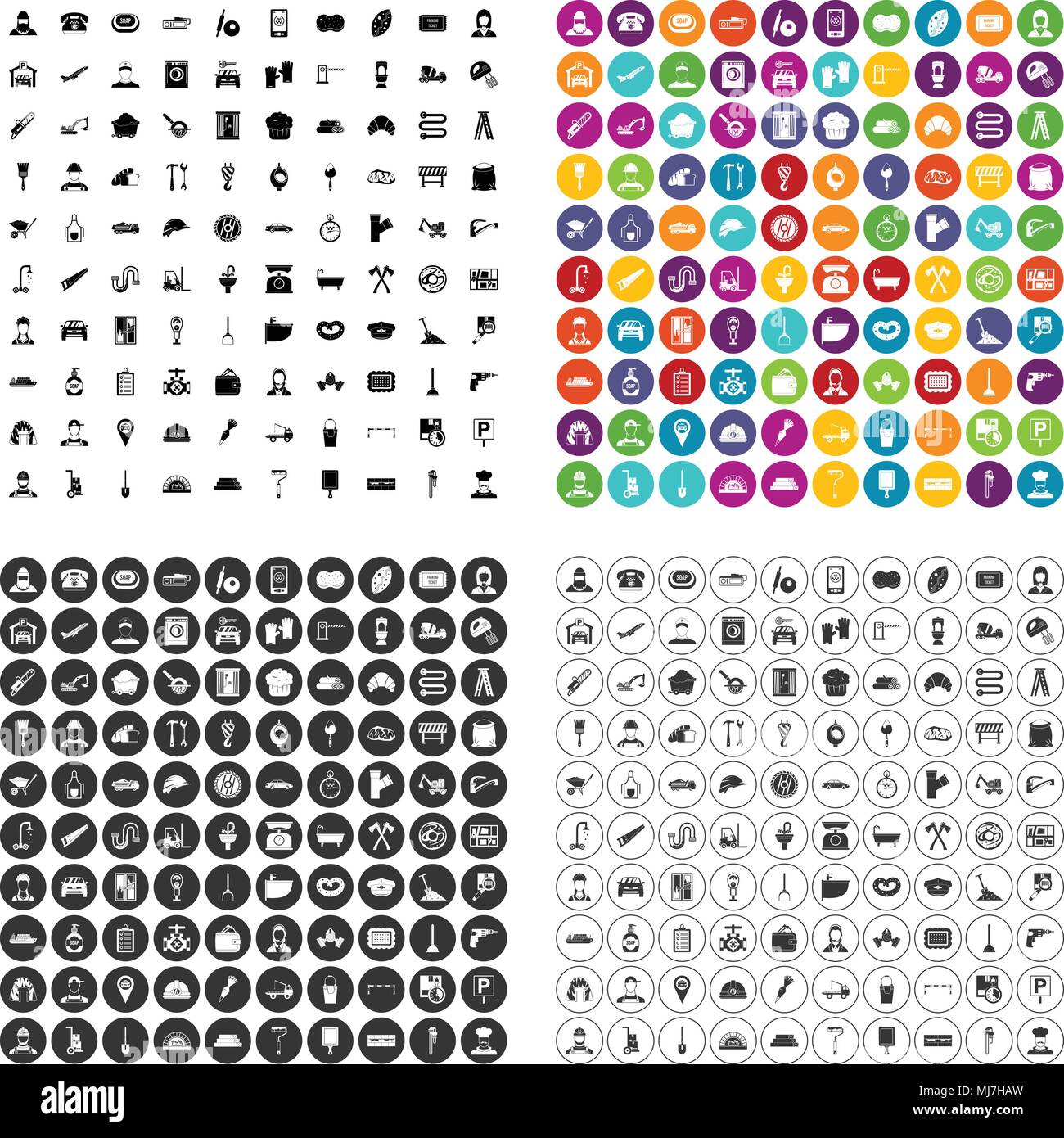 100 working professions icons set vector variant Stock Vector