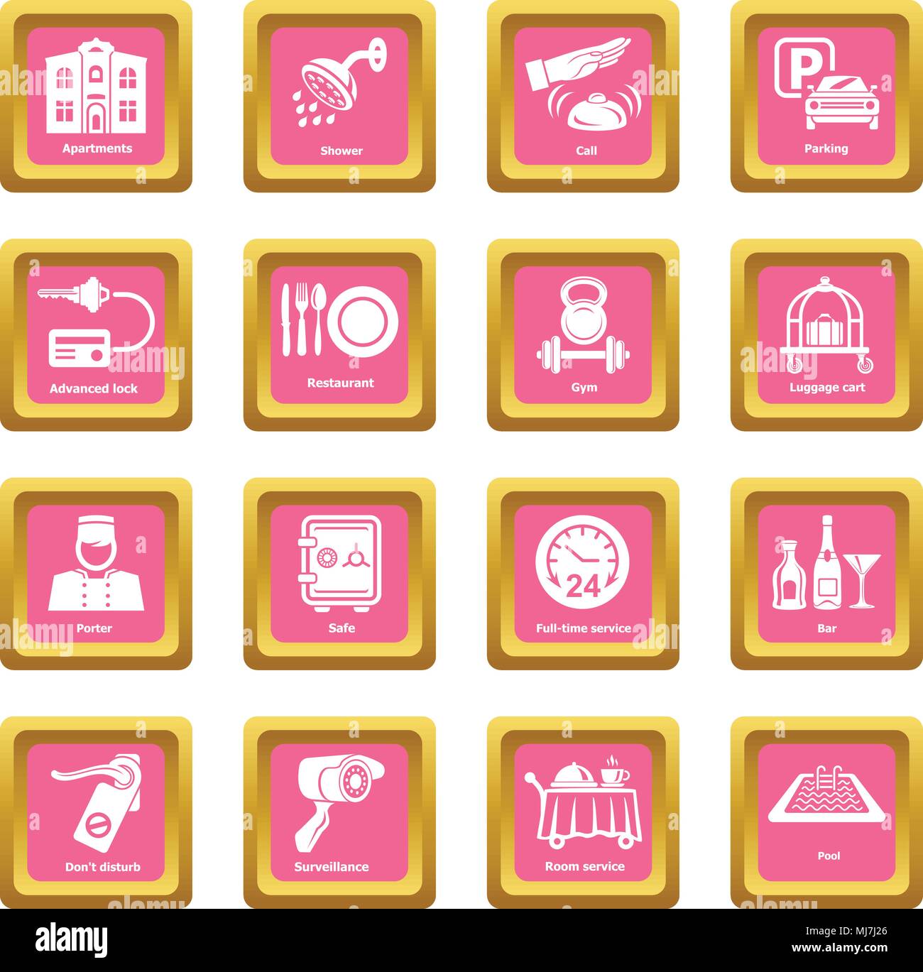 Hotel service icons set pink square vector Stock Vector