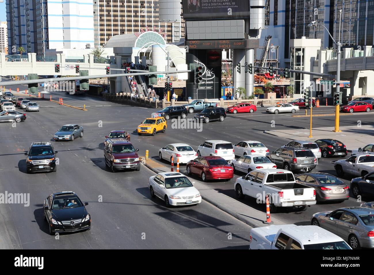 LAS VEGAS, USA - APRIL 14, 2014: Car traffic in Las Vegas, Nevada. Nevada has one of lowest car ownership rates in the USA (500 vehicles per 1000 peop Stock Photo