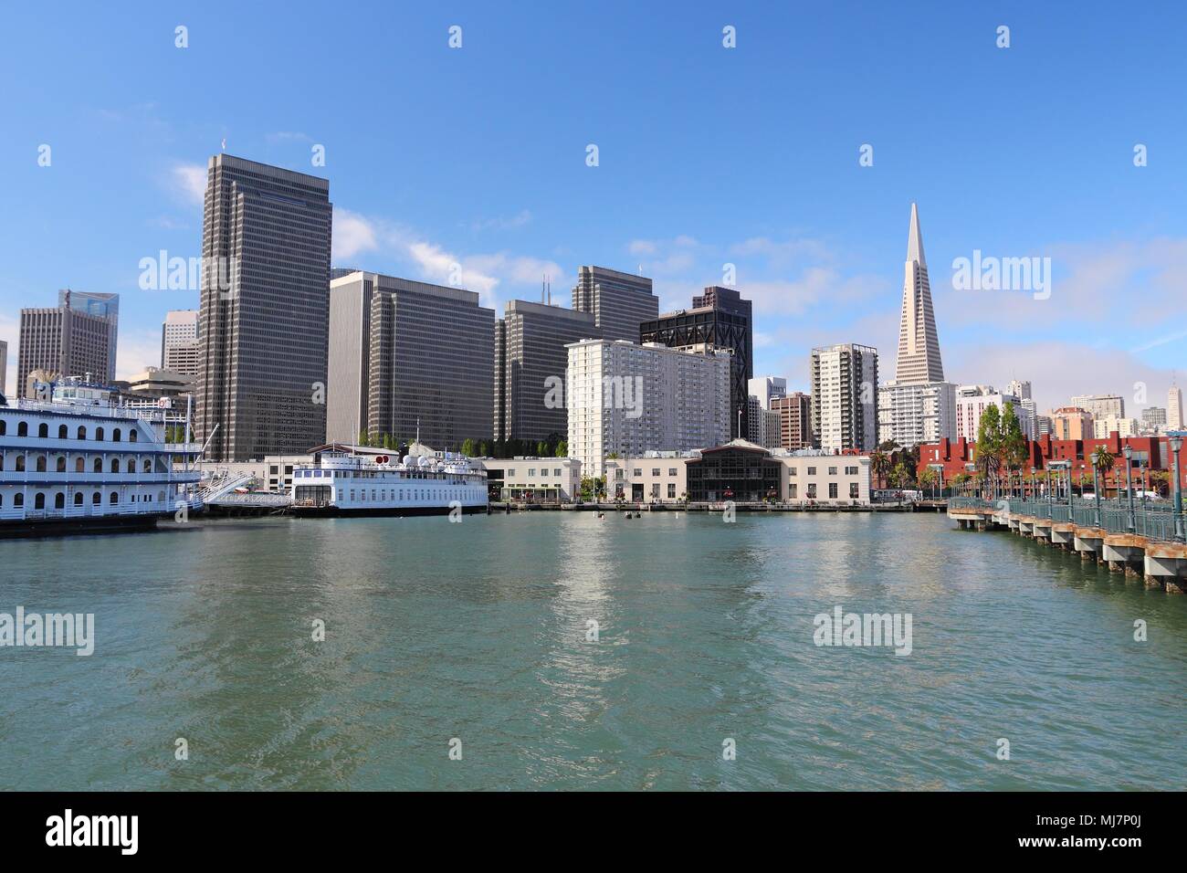 San Francisco, California, United States - city skyline seen from the harbor. Stock Photo
