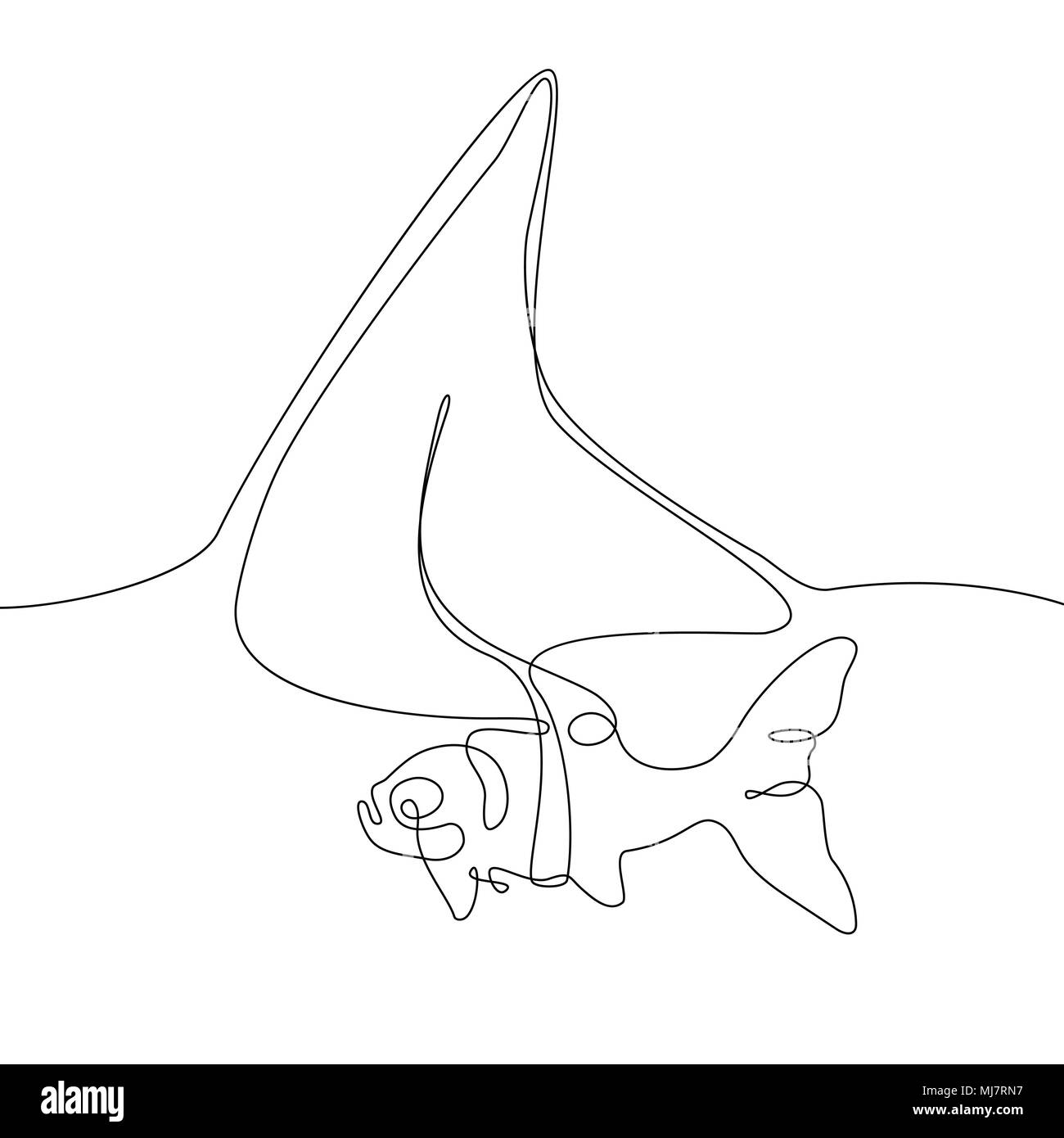 Fish with a shark fin - one line design style illustration Stock Vector