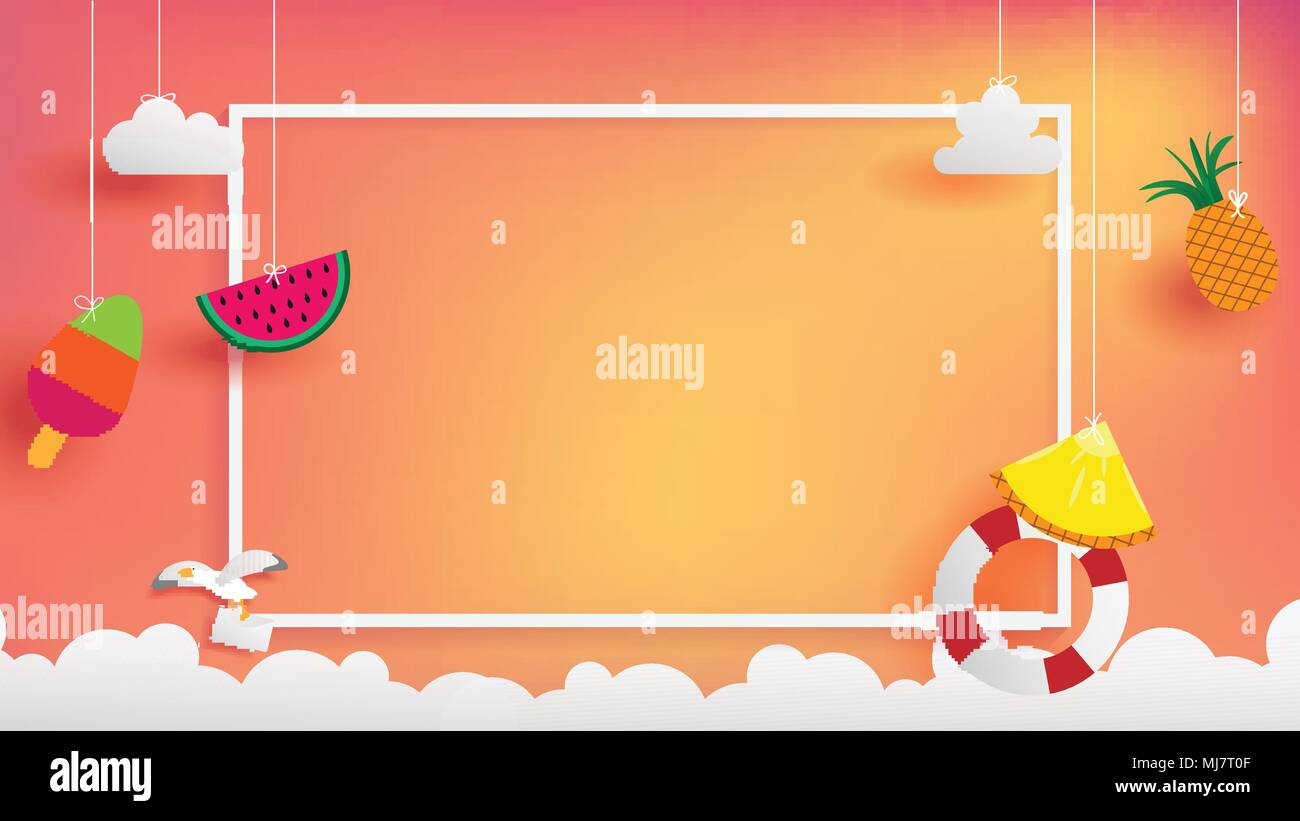 Summer Banner Frame As Horizontal Contain White Border Sunset Light Shining On Background And All Objects Floating Over Cloud Stock Vector Image Art Alamy