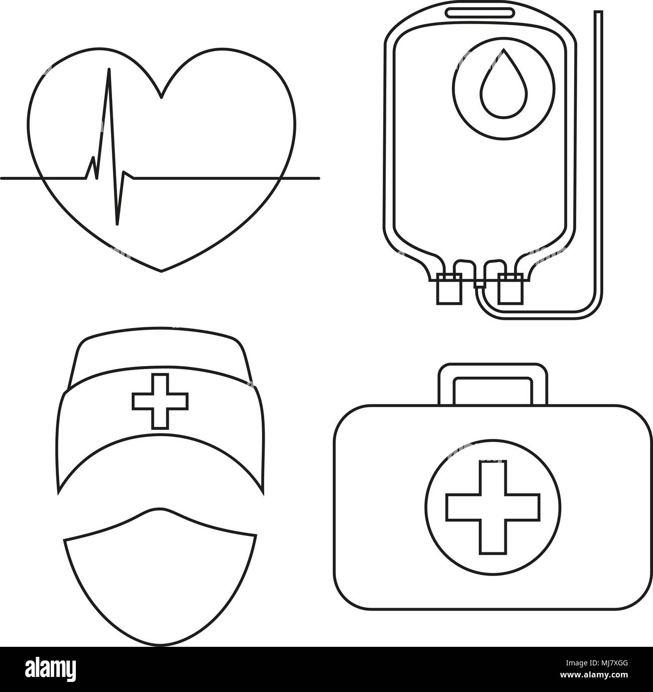 Line art black and white blood donation icon set. Healthy heart