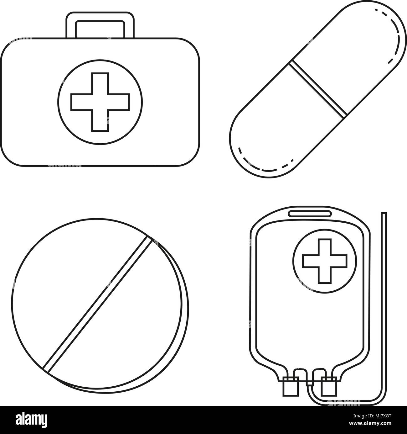 Line art black and white first aid kit content set. Pills drugs and IV bag. Healthcare themed vector illustration for icon, sticker, sign, patch, cert Stock Vector