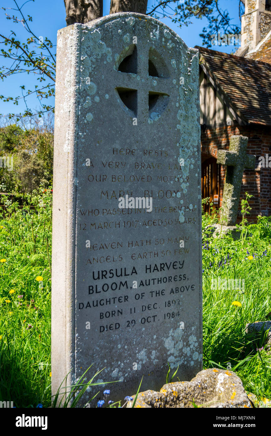 Gravestone of Ursula Bloom, novelist, 1892-1984, and her mother Mary, St. Mary the Virgin Church,  Connaught Avenue, Frinton-on Sea, Essex, England Stock Photo